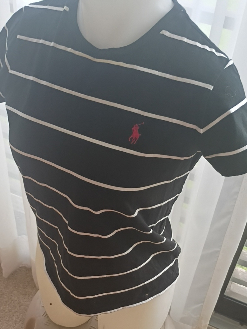 Polo by Ralph Lauren Black Tee with White Stripes and Pink Logo